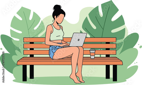 Young woman working on laptop on park bench with tropical leaves