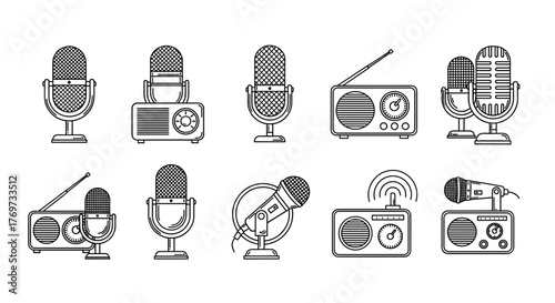 Retro microphone and radio icons set, vintage audio equipment, broadcast, podcast, music, communication, old technology, graphic design elements, white outline on black background, vector illustration