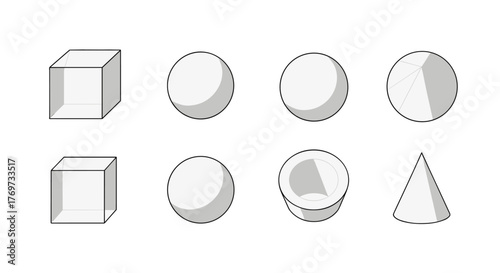 Collection of basic geometric shapes rendered in a clean, minimalist style with subtle shading to illustrate three-dimensional form, including cubes, spheres, a cone, and a cylinder, presented