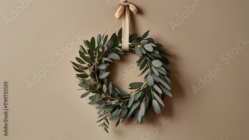 Wreath hanging on wall with ribbon around it and bow front wreath.
