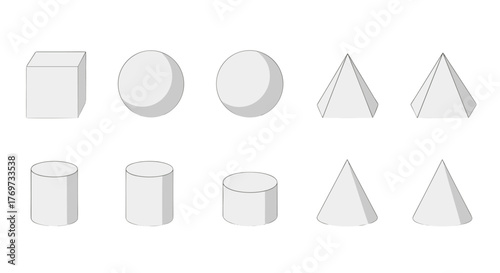 Collection of basic 3D geometric shapes including a cube, spheres, cylinders, pyramids, and cones, presented in a clean, minimalist style against a black background, ideal for educational or design