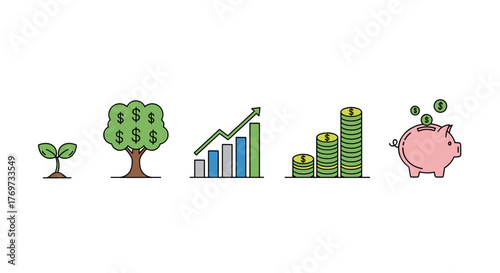 Financial growth concept: a seedling sprouting, a money tree bearing dollar signs, a bar graph with an upward trend, stacks of coins, and a piggy bank receiving falling coins, illustrating investment