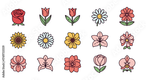 Collection of 15 stylized, flat design floral icons with bold outlines on a black background, featuring a variety of popular flowers like roses, tulips, sunflowers, daisies, lilies, and orchids in
