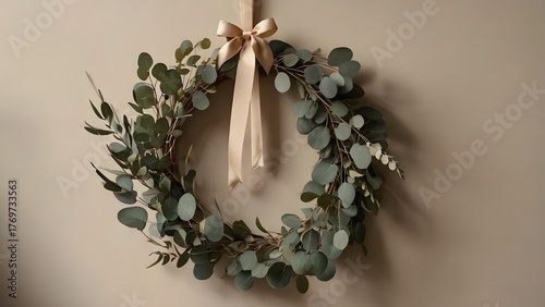 Wreath hanging on wall with ribbon and bow front wreath is made.