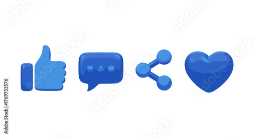 Vivid 3D icons representing social media engagement: a blue thumb up, a blue speech bubble with three dots, a blue share icon, and a blue heart, all isolated on a black background, symbolizing likes