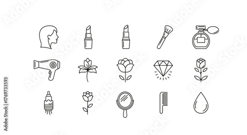 A collection of minimalist white line art icons representing beauty and personal care essentials, including a hairdryer, lipstick, makeup brush, perfume bottle, rose, diamond, comb, and a water
