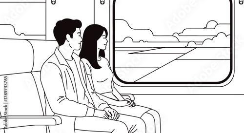 Young couple enjoys a scenic train journey together, gazing out the window at the passing landscape.