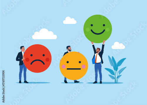 Business people with rating scale. The quality of a product or service, an opinion and a review to evaluate the result. Modern vector illustration in flat style