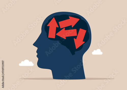 Thinking head changes the direction of the arrow for the better. New opportunities. Modern vector illustration in flat style
