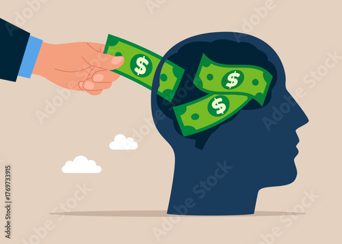 Money in the head. Business thinking, money, dollars. Collecting Dollar Money in Account, Open Bank Deposit. World economic vision for business. Vector flat illustration