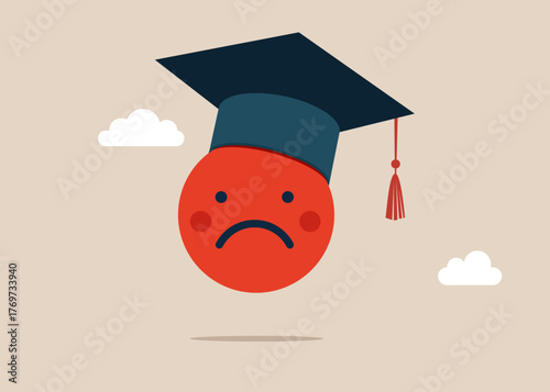 Student emoji. Sad and angry emoticon in an academic hat. Graduation emoticon. Emoji with graduation hat. Smiley face. Smiley face wearing mortar board. Vector flat illustration