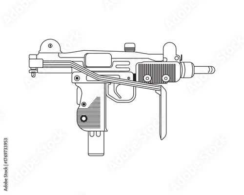 UZI Submachine Gun Vector Line Art, Realistic Military Firearm