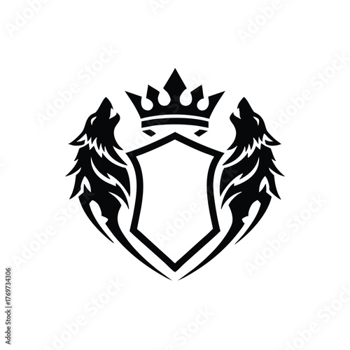 Emblematic Shield Crest Design Featuring Howling Wolves and Regal Crown Symbolizing Power and Authority