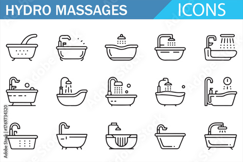 Modern Line Art Icons of Water Massage and Steam Bath