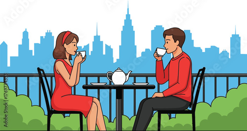 Couple enjoying a peaceful tea break on a city balcony with a skyline view.