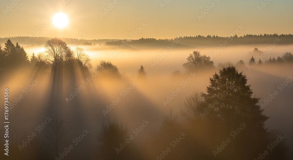 Fototapeta premium Foggy forest landscape sunrise morning mist trees nature woodland sunlight scenic ethereal beauty golden hour