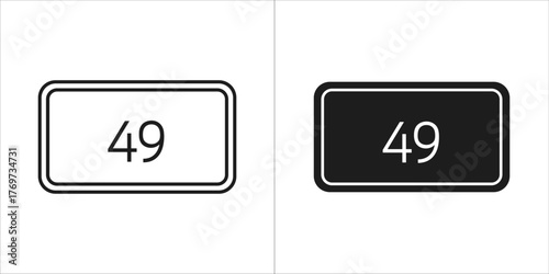 Two rectangular signs with the number 49, one outlined and one solid black