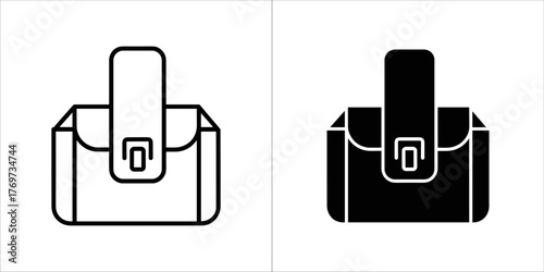 Two icons of a small bag with a flap closure, one outlined and one solid black