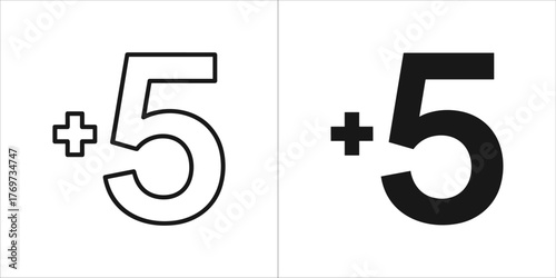 Two representations of the number 5 with a plus sign, one outlined and one solid black