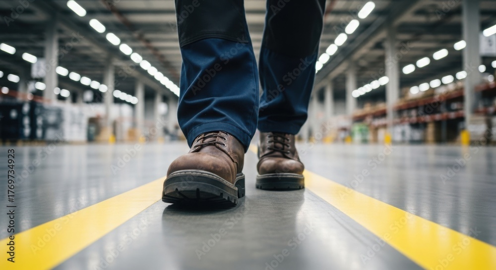 Obraz premium Person walking in work boots on warehouse floor