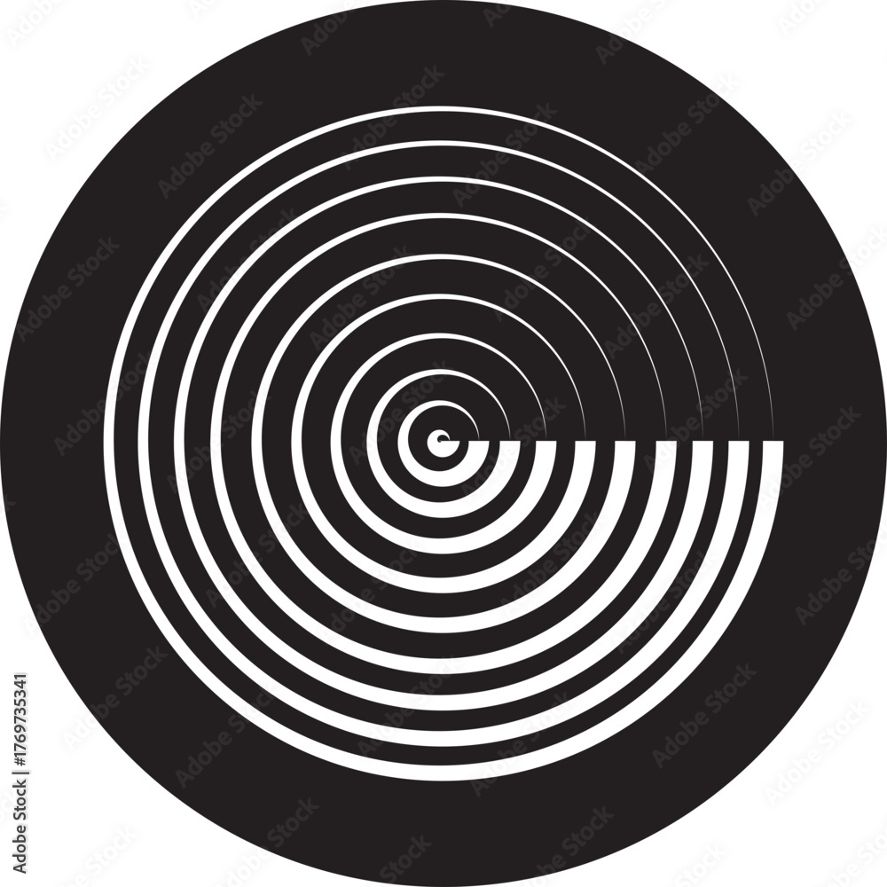 Obraz premium Black circular spiral abstract shape optical illusion art collection, geometric concentric circle group, hypnotic vortex round pattern, minimal flat vector design element bundle