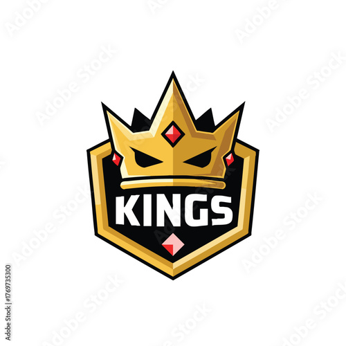 Bold Golden King Crown Emblem with Red Gems and Black Accents Logo Design