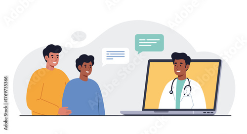 Online doctor consultation with two patients on a laptop screen.