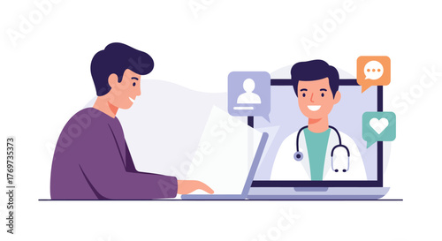 Man having a video call with a doctor on a laptop, telemedicine concept.
