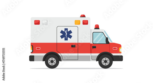 Illustration of an ambulance with red and white color scheme.