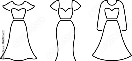 Three different styles of formal dresses are depicted in line art.