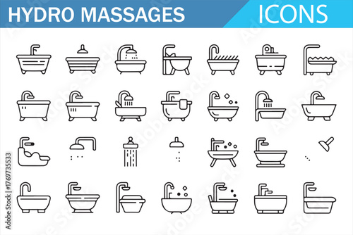 Minimal Line Icons of Hydro Massage Bathtubs and Spa Showers
