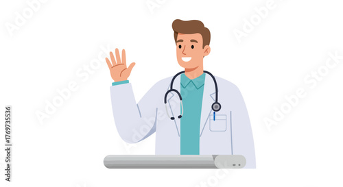 Illustration of a friendly doctor waving with a stethoscope around his neck.