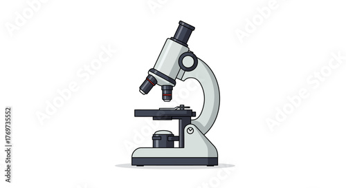 Illustration of a white and gray microscope on a white background.