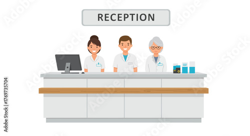 Illustration of three receptionists behind a white reception desk.
