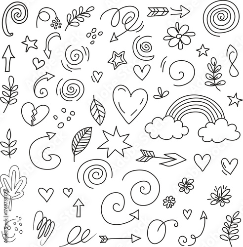 Whimsical hand drawn doodle elements featuring hearts rainbow stars flowers swirls and arrows on white background