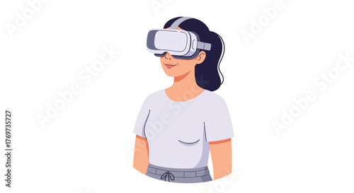 Woman with VR headset experiencing virtual reality, wearing white shirt and gray pants.