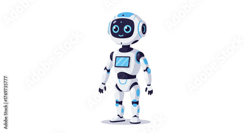 Cartoon robot with a screen on its chest and a friendly face.