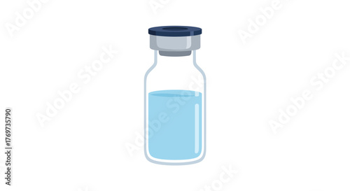 Illustration of a vial filled with blue liquid, sealed with a gray stopper and blue cap.