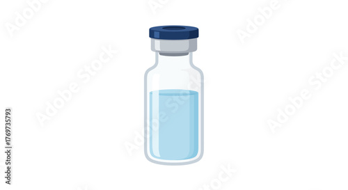 Illustration of a clear glass vial with a blue liquid and cap.