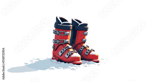 Red ski boots on snow in sunlight, Ski boots on floor, concept of winter sport and adventure