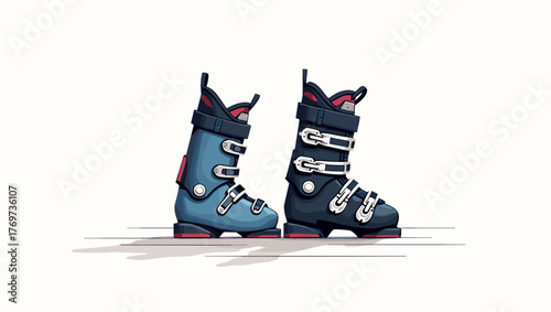 Blue and red ski boots standing on snow, Ski boots on floor, concept of gear and performance
