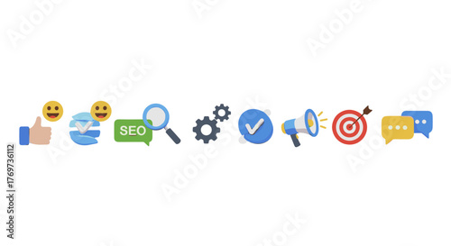 A vibrant collection of 3D icons representing digital marketing concepts, including a thumbs-up, smiling faces, SEO, a magnifying glass, gears, a checkmark, a megaphone, a target, and chat bubbles