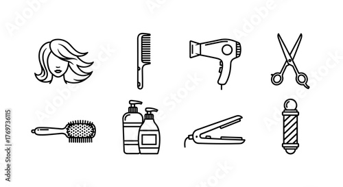 A collection of line art icons representing various hair styling tools and accessories, including a comb, scissors, hair dryer, and hair clips, presented in a clean, minimalist aesthetic suitable for
