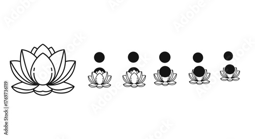 A minimalist line art illustration of a blooming lotus flower, symbolizing purity, enlightenment, and rebirth, presented in a clean, modern aesthetic with a series of smaller, progressively obscured