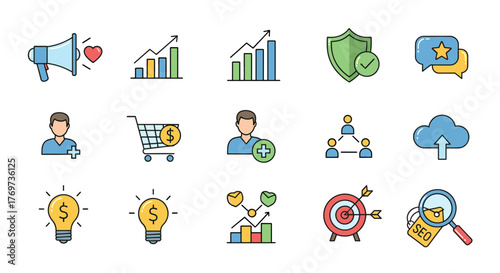 A vibrant collection of modern flat design icons representing key business concepts, including marketing, finance, customer relations, data analysis, cloud computing, and search engine optimization
