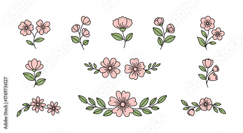Collection of delicate pink floral illustrations with green leaves on a black background, featuring various flower designs including single blooms, clusters, and decorative arrangements, perfect for