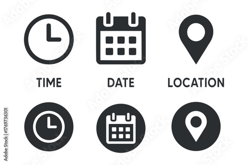 Time Date Location Vector Icons Set for Schedule and Navigation