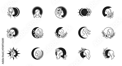 Collection of 15 elegant line art icons featuring female profiles adorned with celestial elements like moons and suns, and natural motifs such as flowers and leaves, presented on a black background