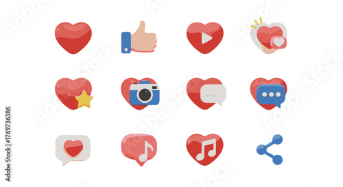 Collection of 3D social media icons featuring hearts, thumbs up, play button, camera, chat bubbles, star, music notes, and share symbol, rendered in vibrant red and blue tones against a black