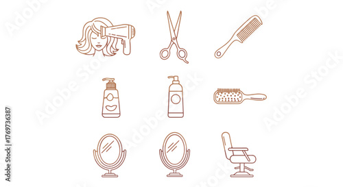 A vibrant collection of golden line art icons representing essential hair salon and beauty parlor tools and accessories, set against a stark black background for maximum contrast and visual impact